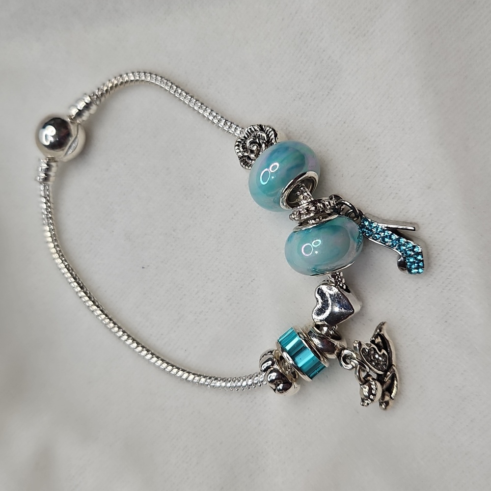 Ladies Charm Bracelet Blue Beaded Heart Angel Shoe Charm Bracelet Silver Tone